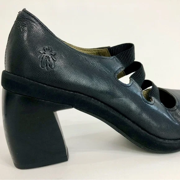 Fly London Black Heeled Shoes with Chunky Heel - Picture 7 of 7